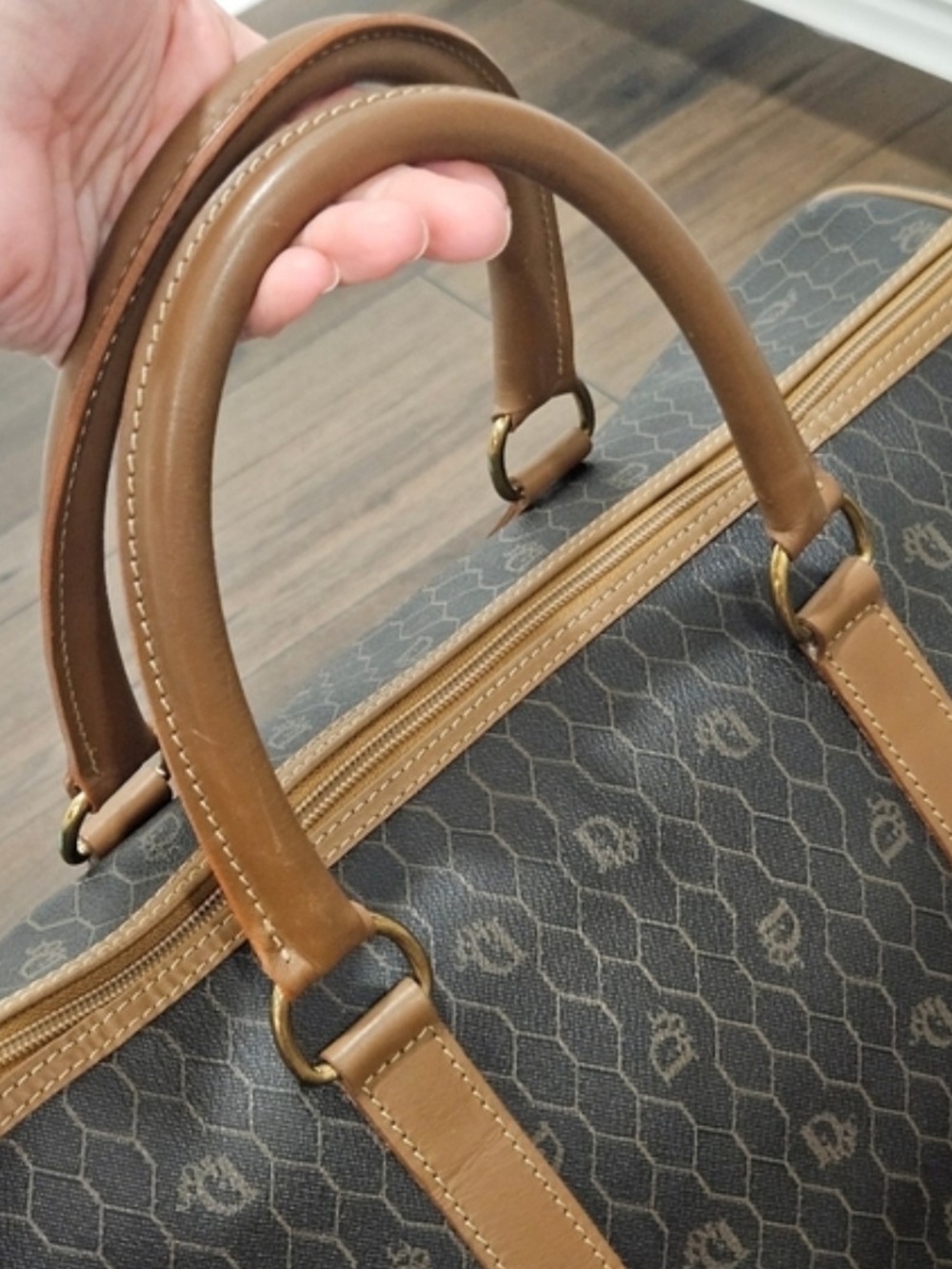 CHRISTIAN DIOR Vintage Honeycomb Boston Duffel Bag Navy Tan Leather Italy - Picture 11 of 14